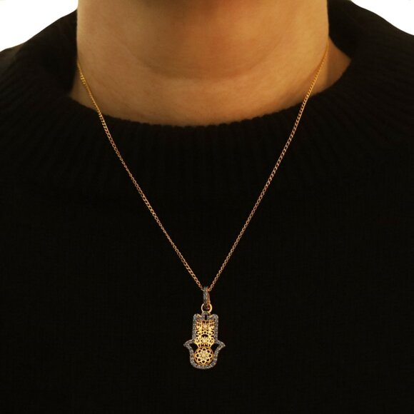 Buddha Mama Sapphire Diamond Hamsa Hand Necklace 17 3/4"-Yellow Gold 20k 1.80ctw - Picture 2 of 7